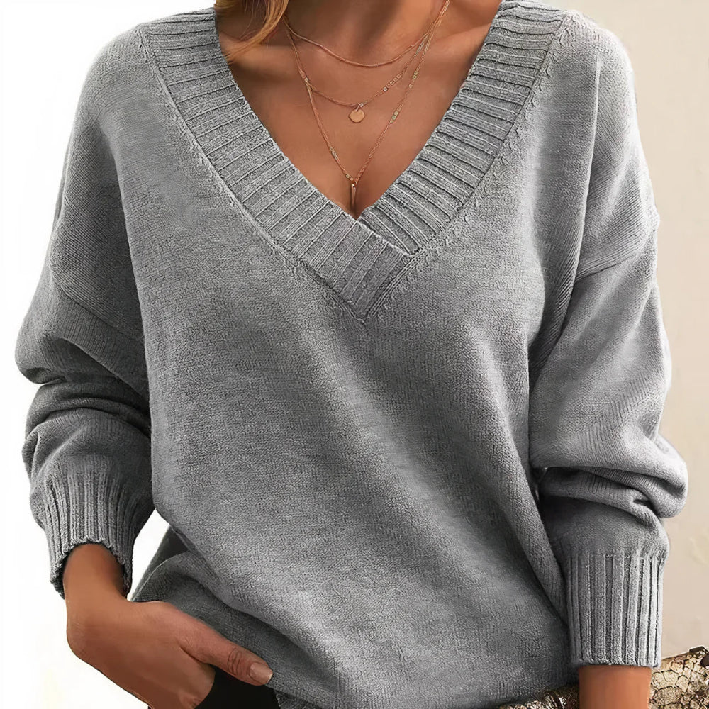 Women's Oversized V Neck Long Sleeve Ribbed Sweater - Pullover