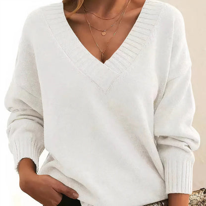 Women's Oversized V Neck Long Sleeve Ribbed Sweater - Pullover