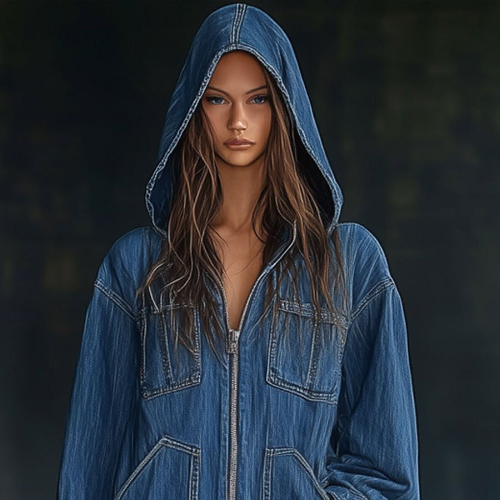 Women's Oversized Zip Up Hoodie - Hooded Denim Style