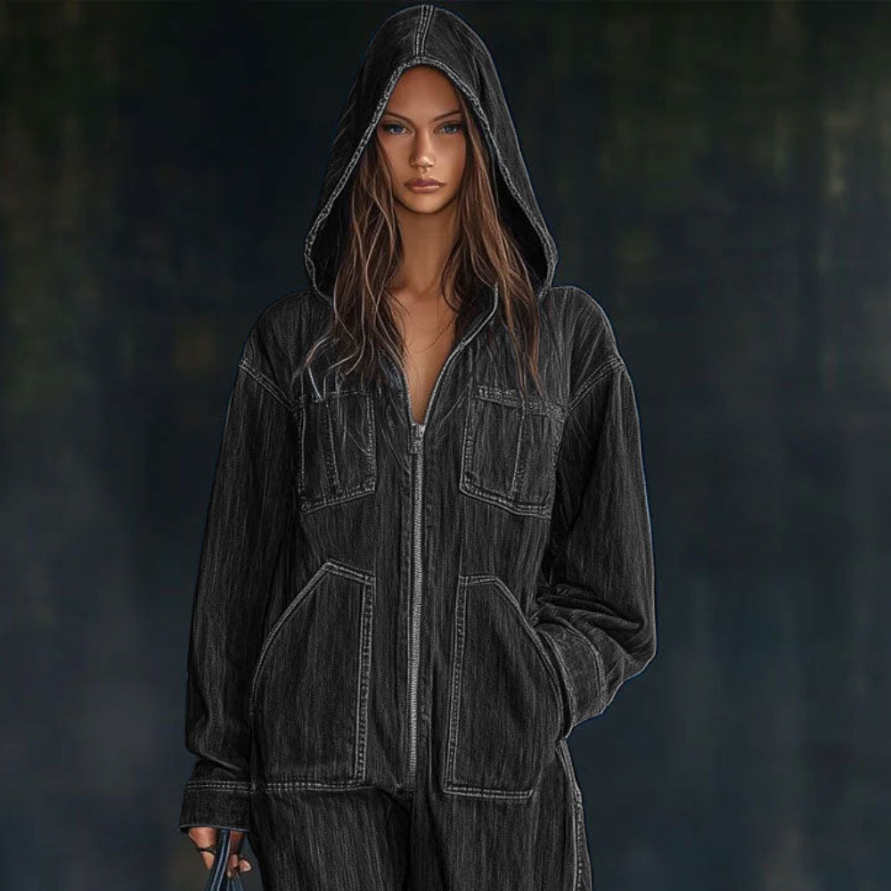 Women's Oversized Zip Up Hoodie - Hooded Denim Style
