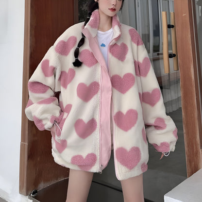 Women's Reversible Heart Sherpa Jacket Stylish Outerwear 8