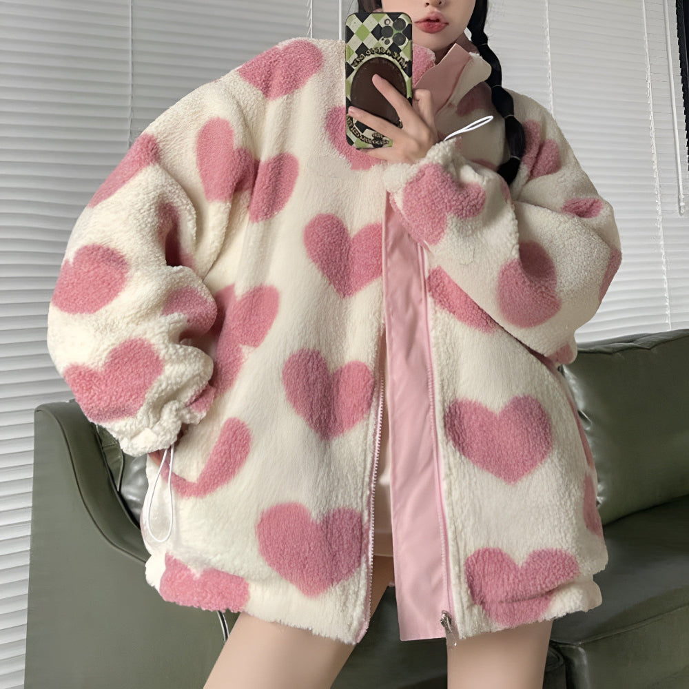 Women's Reversible Heart Sherpa Jacket Stylish Outerwear 9