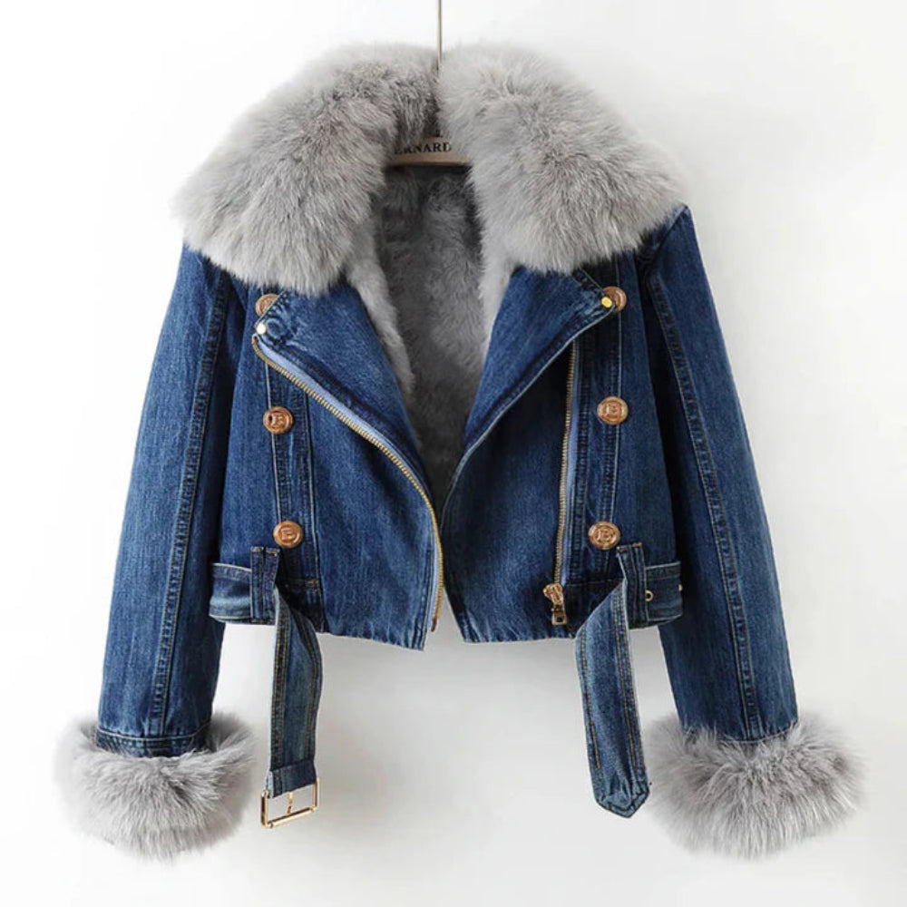 Women’s Short Denim Faux Fur Coat – Warm Stylish Winter Jacket