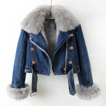 Women’s Short Denim Faux Fur Coat – Warm Stylish Winter Jacket