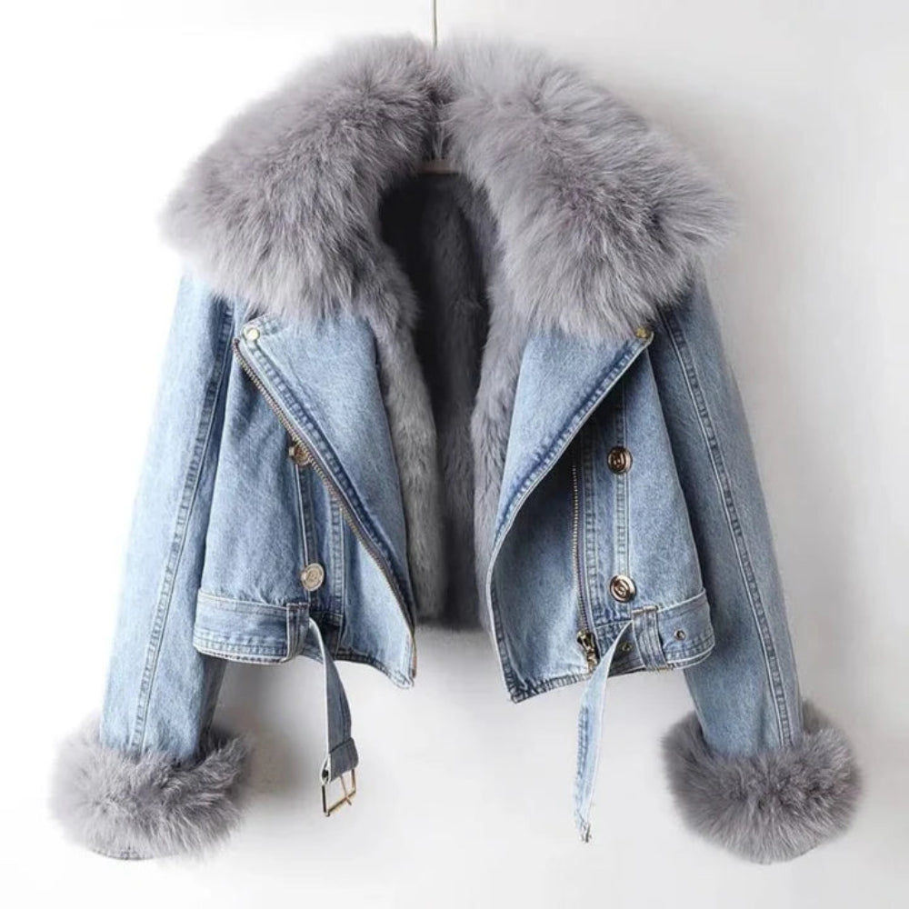 Women’s Short Denim Faux Fur Coat – Warm Stylish Winter Jacket
