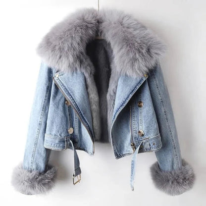 Women’s Short Denim Faux Fur Coat – Warm Stylish Winter Jacket
