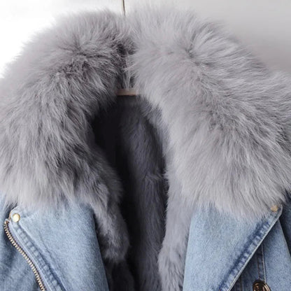 Women’s Short Denim Faux Fur Coat – Warm Stylish Winter Jacket