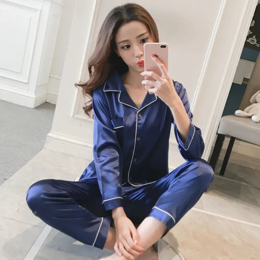 Women's Silk Pajamas Set Two-Piece Casual Sleepwear 10