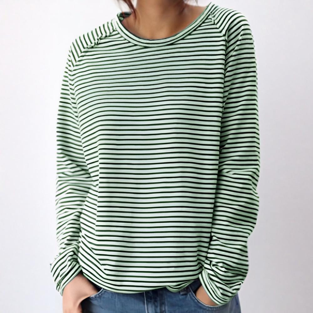 Women's Striped Casual Long Sleeve Top - Relaxed Crew Neck