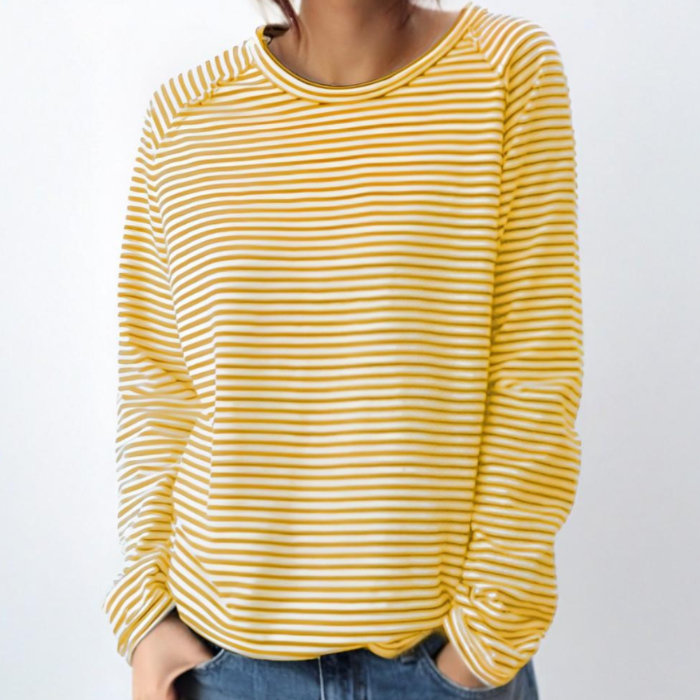 Women's Striped Casual Long Sleeve Top - Relaxed Crew Neck