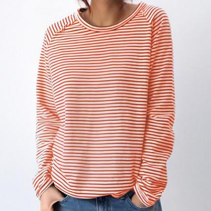 Women's Striped Casual Long Sleeve Top - Relaxed Crew Neck