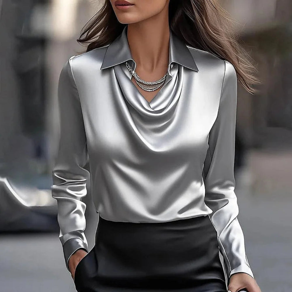 Women's Stylish Elegant Satin Blouse Draped Cowl Neckline 2