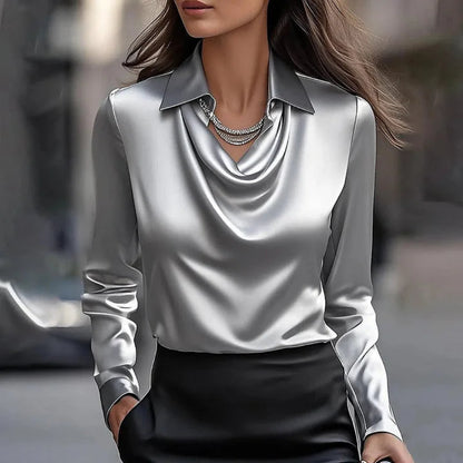 Women's Stylish Elegant Satin Blouse Draped Cowl Neckline 2