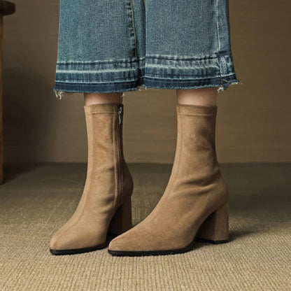 Women's Suede Ankle Boots Side Zipper Block Heel Stylish 7