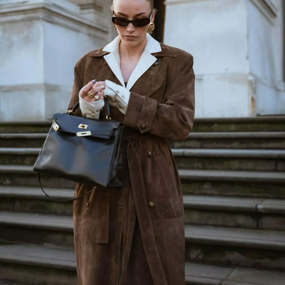 Women's Suede Trench Coat Elegant Classic Outerwear 1