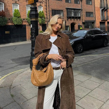 Women's Suede Trench Coat Elegant Classic Outerwear 3