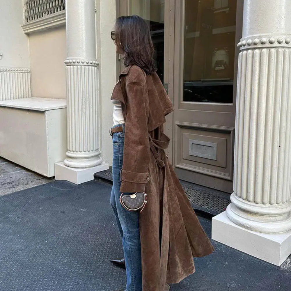 Women's Suede Trench Coat Elegant Classic Outerwear 5