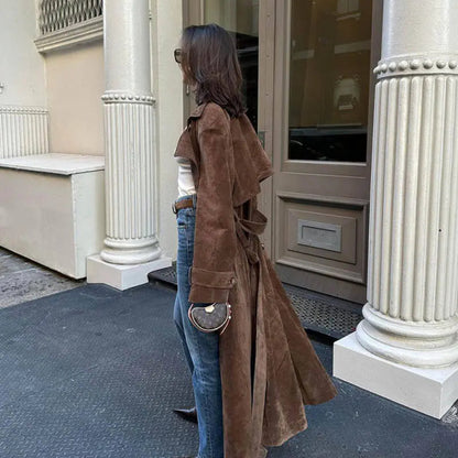 Women's Suede Trench Coat Elegant Classic Outerwear 5