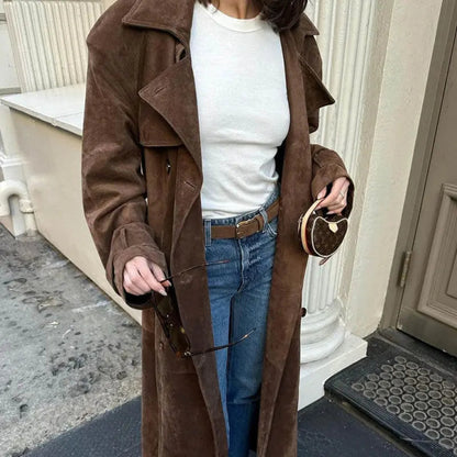 Women's Suede Trench Coat Elegant Classic Outerwear 6
