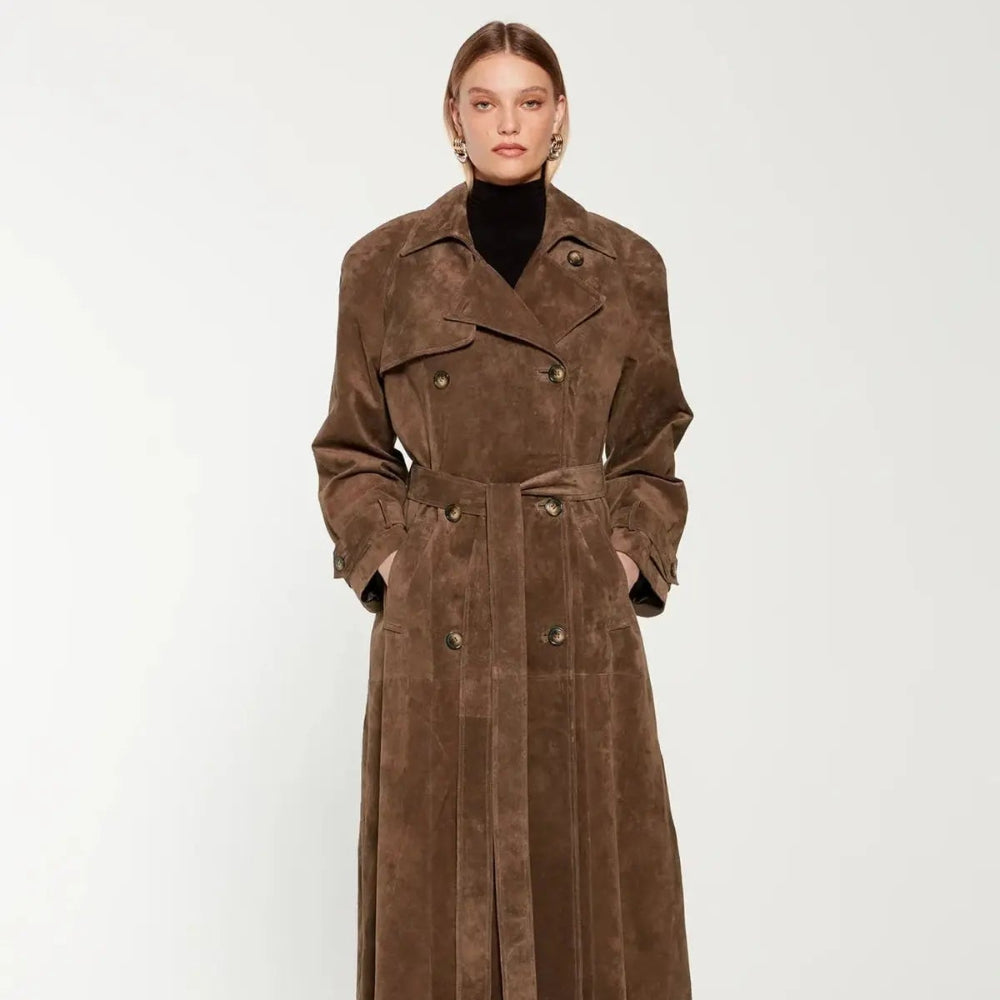 Women's Suede Trench Coat Elegant Classic Outerwear 7