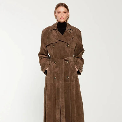 Women's Suede Trench Coat Elegant Classic Outerwear 7