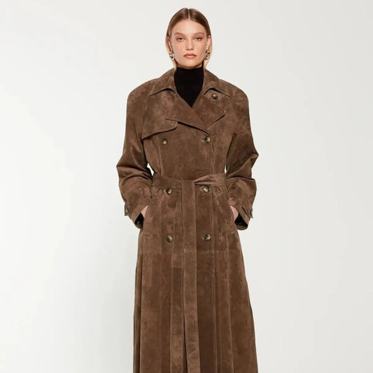 Women's Suede Trench Coat Elegant Classic Outerwear 7