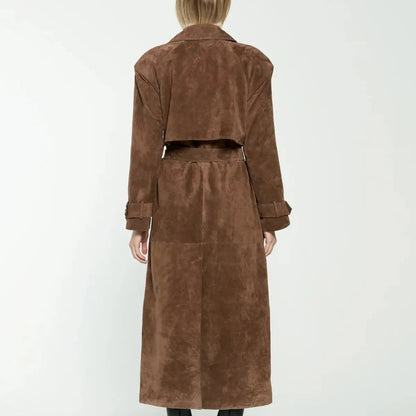 Women's Suede Trench Coat Elegant Classic Outerwear 8