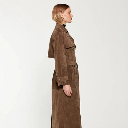 Women's Suede Trench Coat Elegant Classic Outerwear 9
