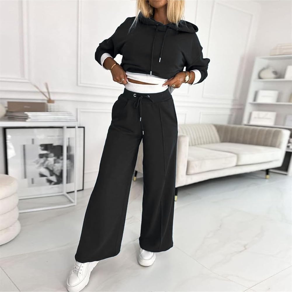 Women's Tracksuit Set Cropped Hoodie Wide-Leg Trousers Style 1