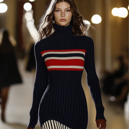 Women's Turtleneck Striped Bodycon Sweater Dress - Long Sleeve Mini