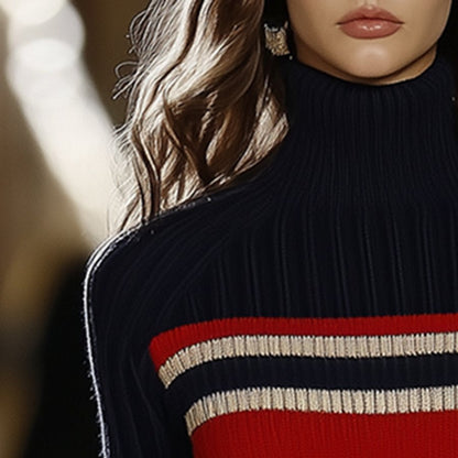 Women's Turtleneck Striped Bodycon Sweater Dress - Long Sleeve Mini