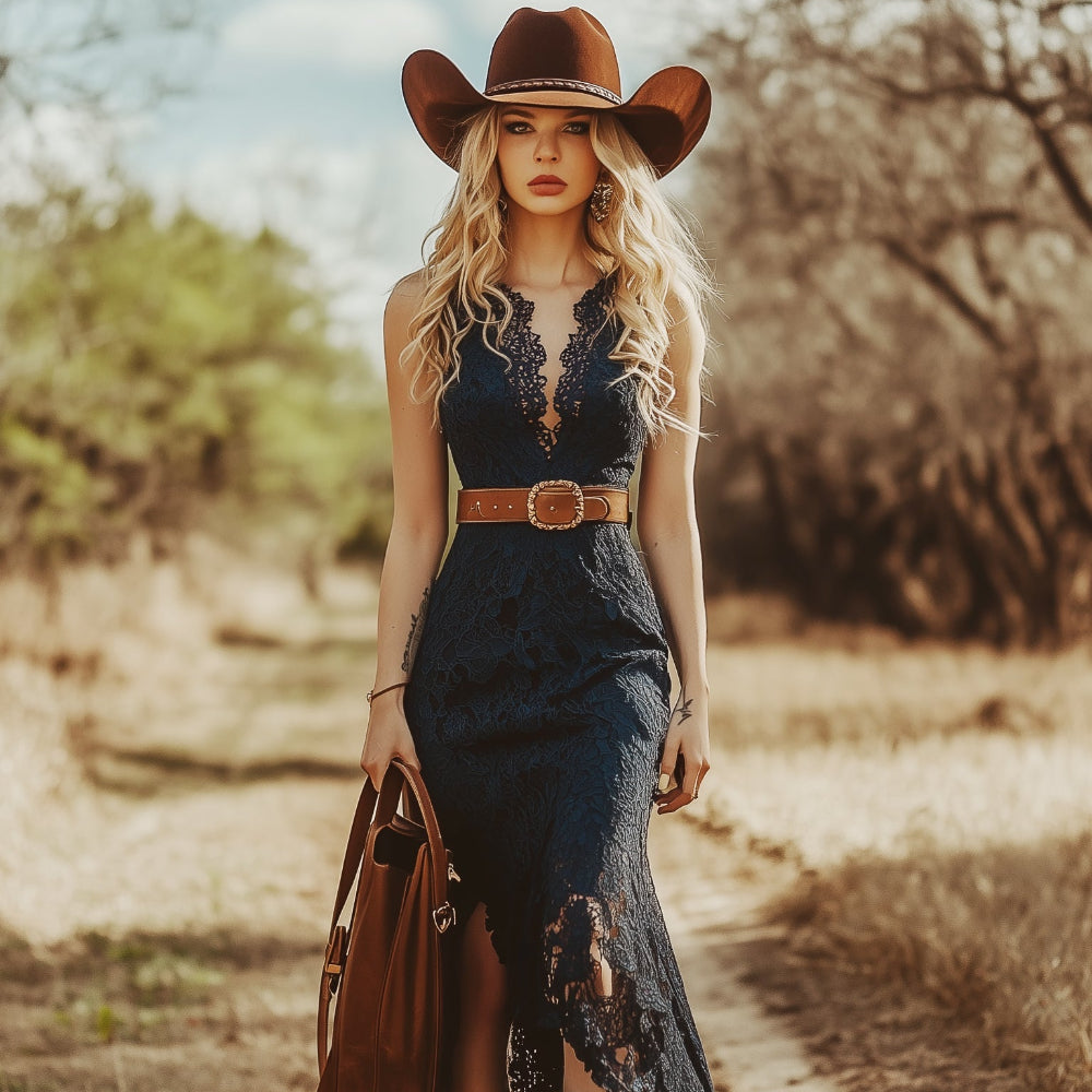 Women's V Neck Formal Lace Dress - Sleeveless Maxi