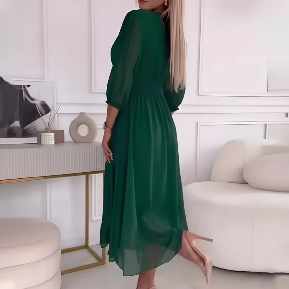 Women's V Neck Puffy Sleeve Formal Dress - 3/4 Sleeve Midi