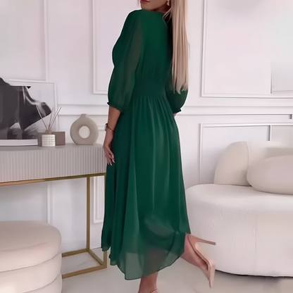 Women's V Neck Puffy Sleeve Formal Dress - 3/4 Sleeve Midi