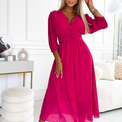Women's V Neck Puffy Sleeve Formal Dress - 3/4 Sleeve Midi