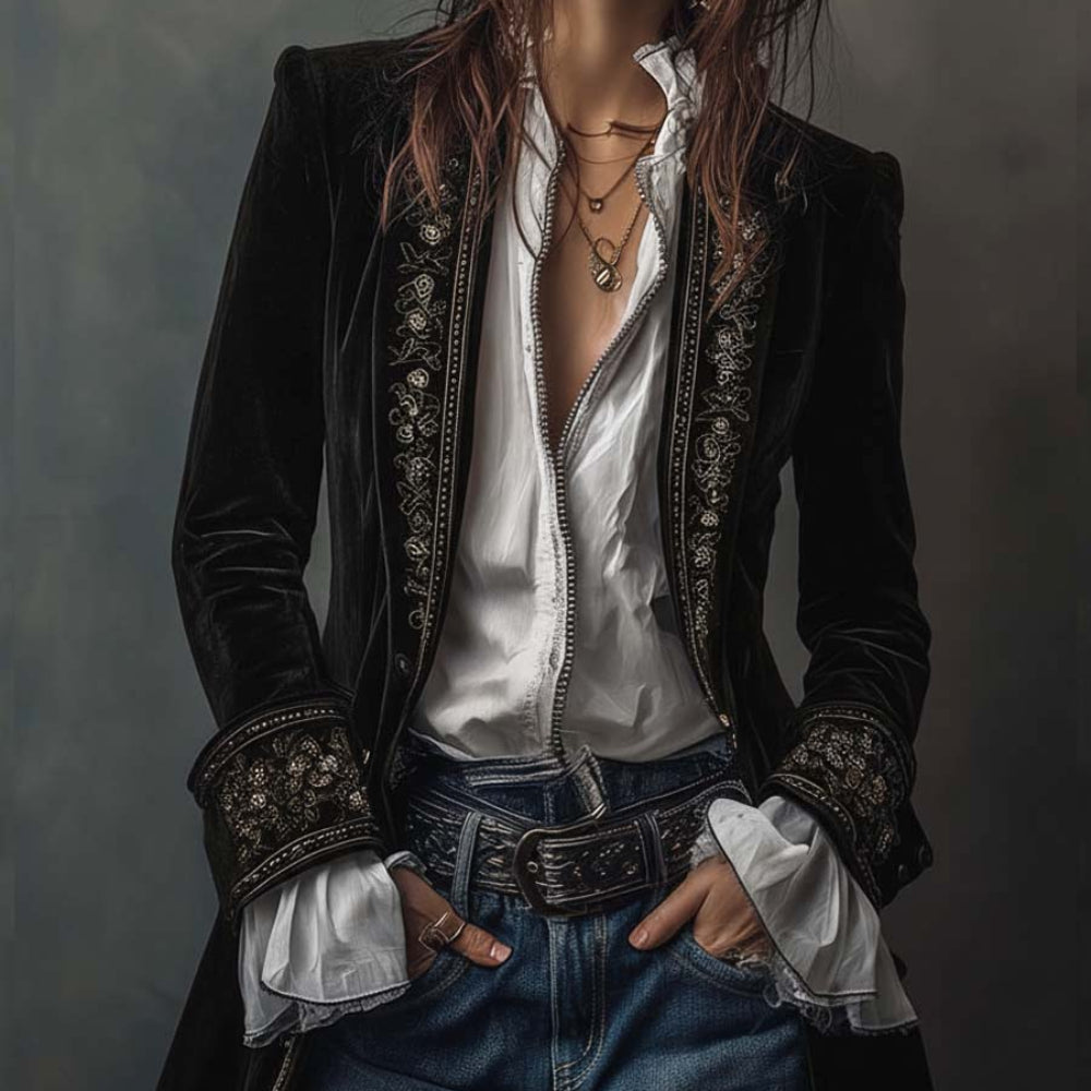 Women's Velvet Long Jacket Floral Embroidery Elegant Outerwear 3