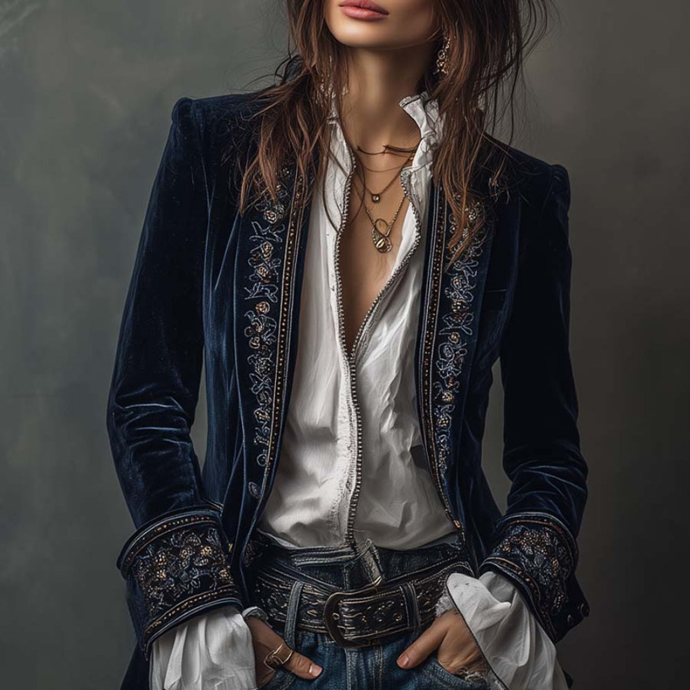 Women's Velvet Long Jacket Floral Embroidery Elegant Outerwear 1