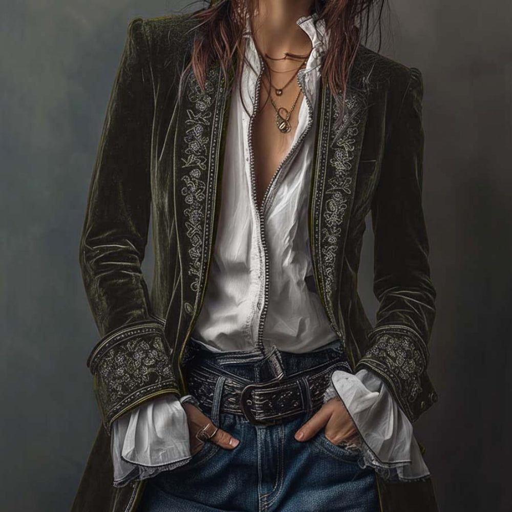 Women's Velvet Long Jacket Floral Embroidery Elegant Outerwear 5