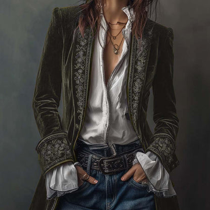 Women's Velvet Long Jacket Floral Embroidery Elegant Outerwear 5