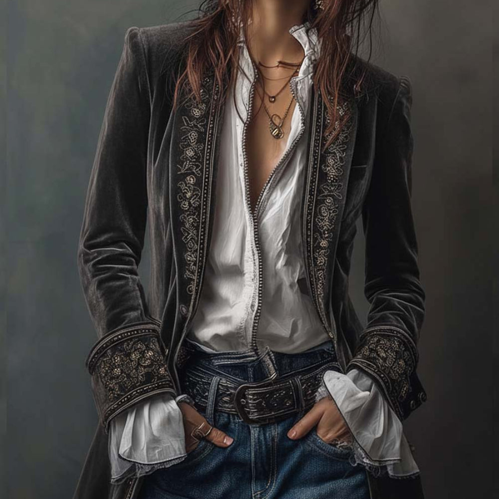 Women's Velvet Long Jacket Floral Embroidery Elegant Outerwear 6