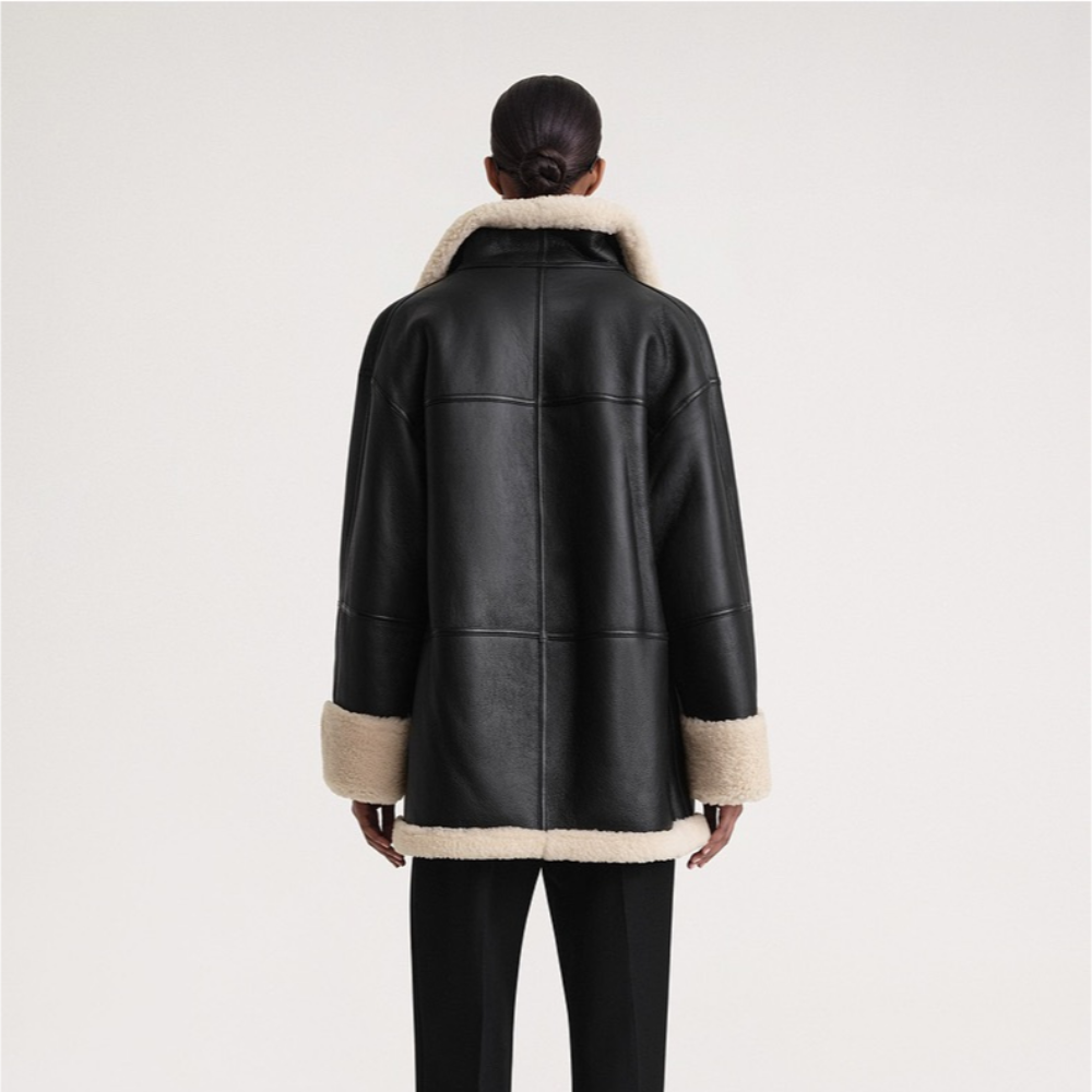 Women's Winter Coat Black Leather Fur Lined Stylish Jacket 2