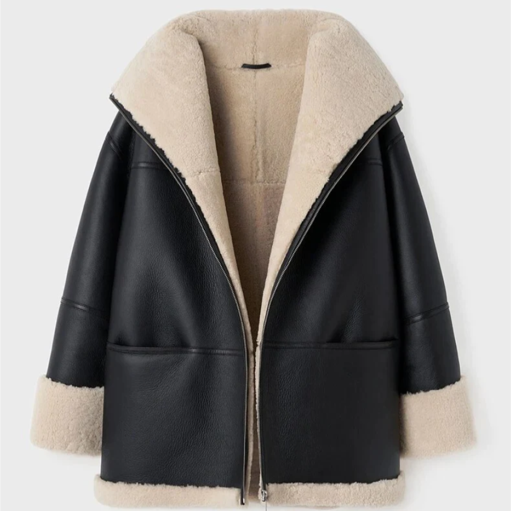 Women's Winter Coat Black Leather Fur Lined Stylish Jacket 3