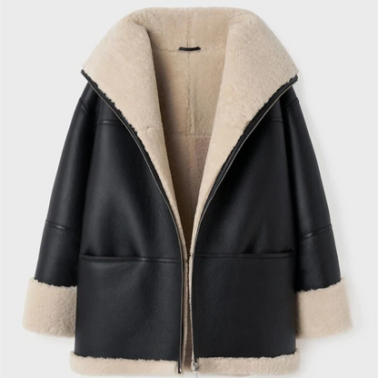 Women's Winter Coat Black Leather Fur Lined Stylish Jacket 3