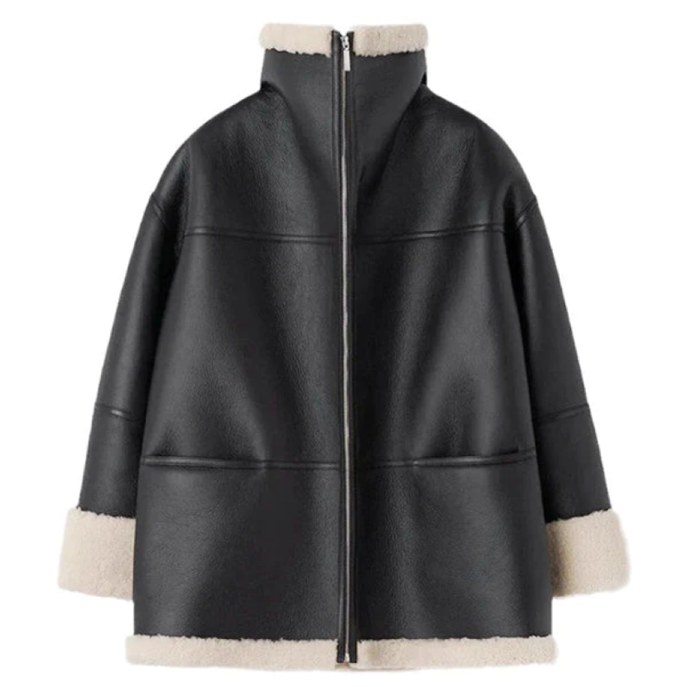 Women's Winter Coat Black Leather Fur Lined Stylish Jacket 4