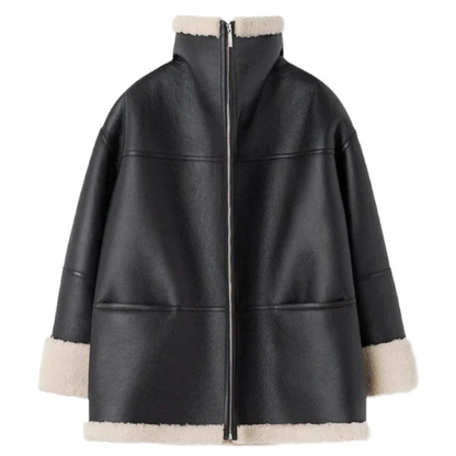 Women's Winter Coat Black Leather Fur Lined Stylish Jacket 4