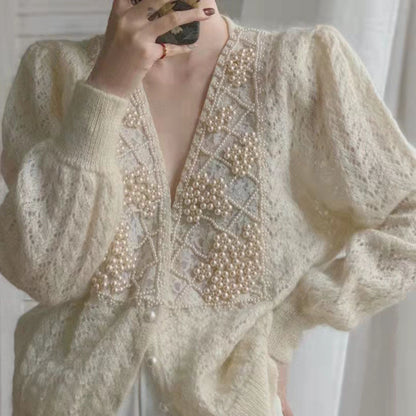 Women's Winter Knit Coat Beige V Neck Pearl Button Long Sleeve 2