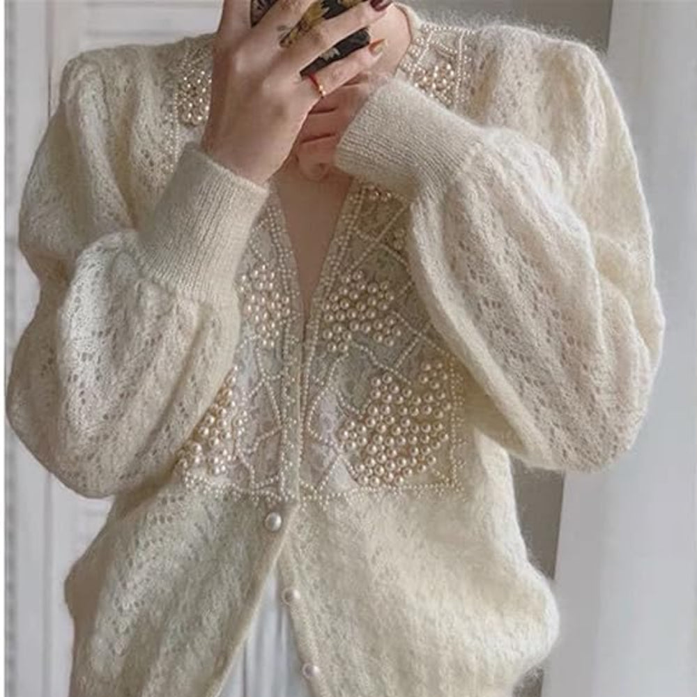 Women's Winter Knit Coat Beige V Neck Pearl Button Long Sleeve 3