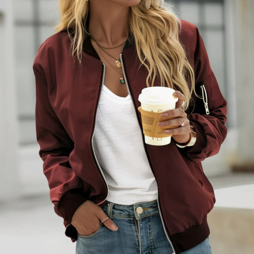 Women's Casual Bomber Jacket | Lightweight Zip Up Long Sleeve