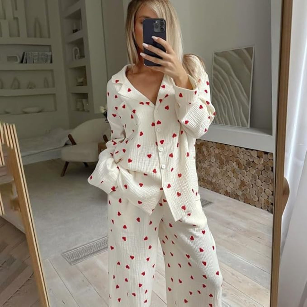Womens Heart Print Pajama Set - Long Sleeve Button Up