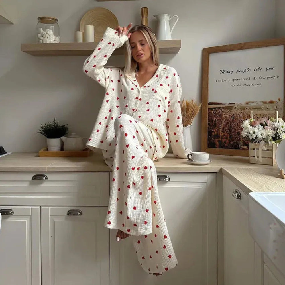 Womens Heart Print Pajama Set - Long Sleeve Button Up